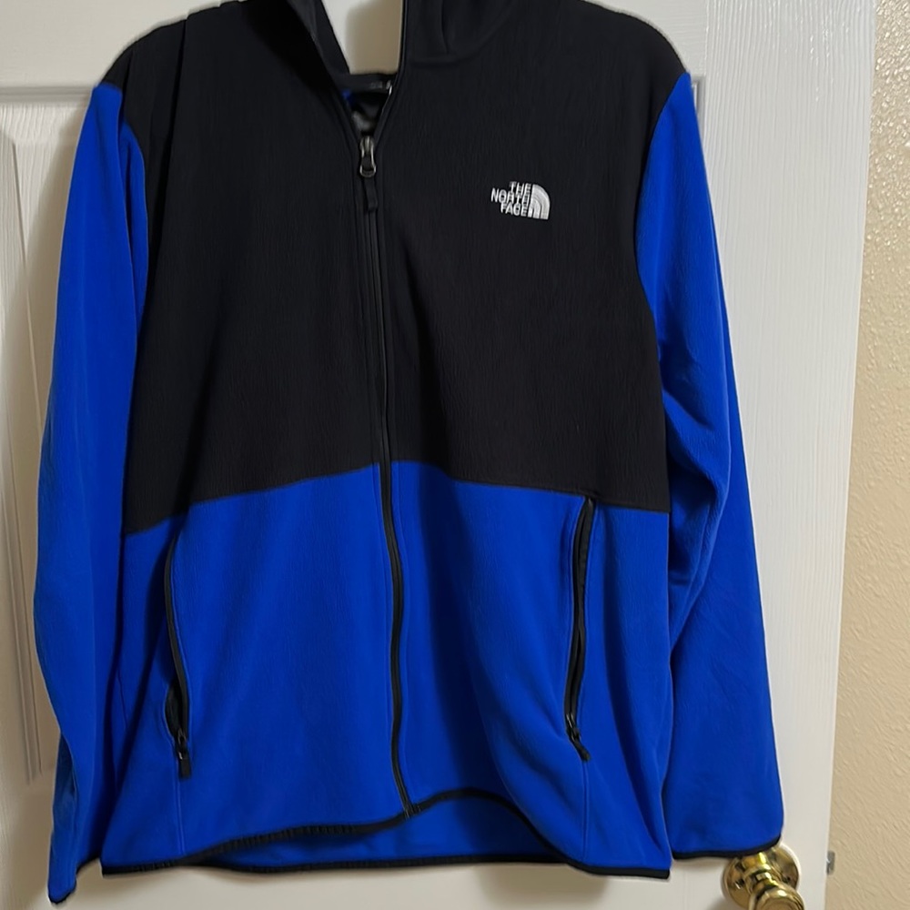 North face blue and black hooded jacket